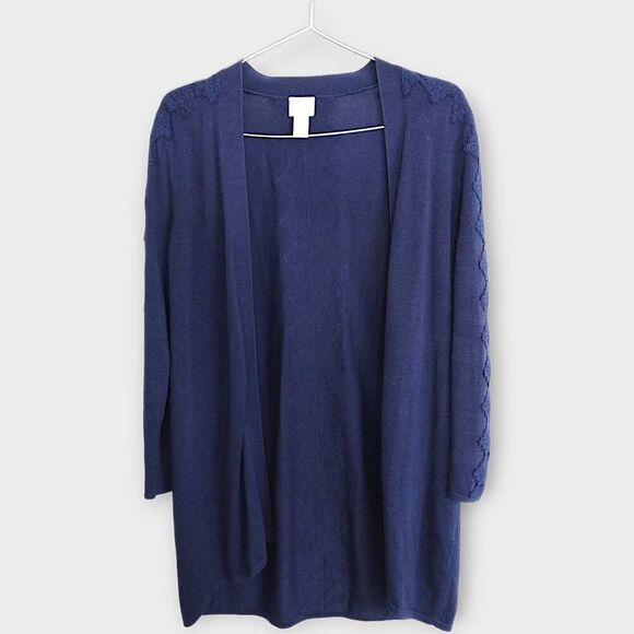 Chicos Womens Cardigan Sz 1 / 8‎ US Navy Lightweight Open Front Lace Trim - Picture 1 of 8